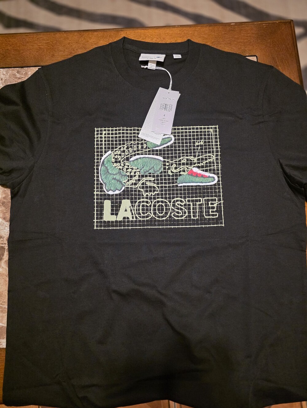 Lacoste Black Short-Sleeve Tee with Green & Pink Croc Graphic
